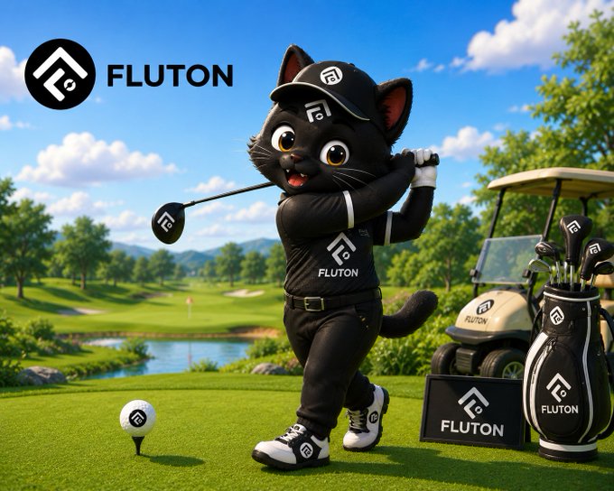 A promotional image for FLUTON featuring a black cat mascot dressed in golf attire, swinging a club on a golf course with a golf cart and branded equipment bag nearby.