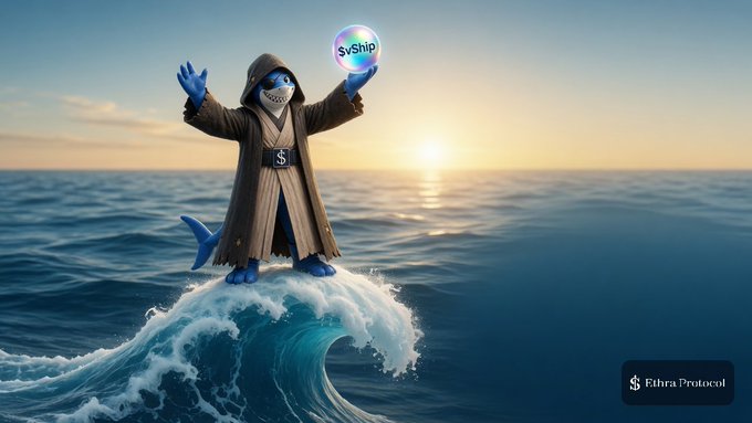 An Ethra Protocol promotional image featuring an anthropomorphic shark in a hooded robe surfing a wave at sunset, holding a glowing 'SvShip' orb.