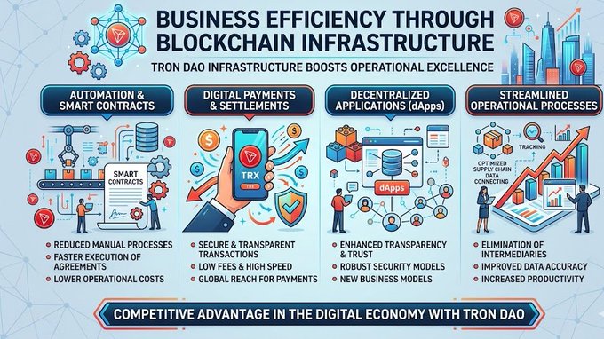 The image displays a visual guide or poster highlighting the benefits of using blockchain technology for business efficiency through the use of smart contracts. It emphasizes the idea of utilizing blockchain infrastructure as an essential component in the evolution of the digital economy, with TRON DAO serving as an example of how this technology can be leveraged to create value and drive change within businesses.