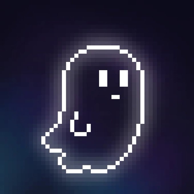 A pixel-art ghost icon with white outline, two eyes, and an outstretched hand against a dark blue gradient background, representing one of the random ghosts available to mint from the "Forever Mint" pool on Hedera (HBAR).