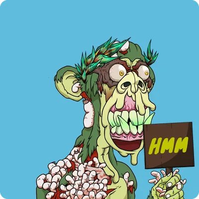 Cartoon illustration of a grotesque green zombie-like creature holding a sign that reads 'HMM' against a bright blue background.