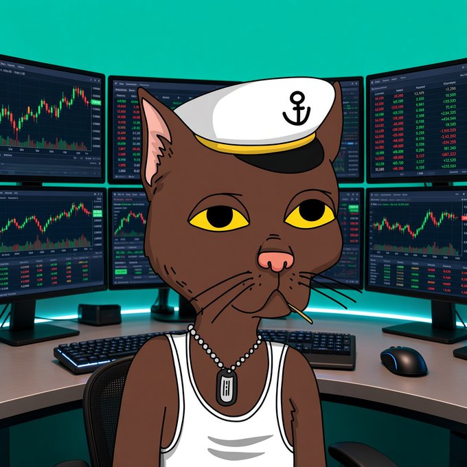 An anime-style illustration of a brown cat wearing a sailor hat with an anchor symbol and dog tags, sitting at a desk surrounded by multiple monitors displaying stock market charts.
