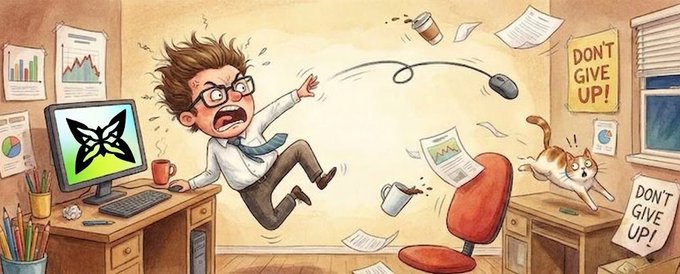 The image features an illustration of a man wearing glasses who appears to be in distress or frustration while sitting at his desk with a computer monitor, keyboard, mouse, and cup nearby. The scene takes place in an office setting where there are two chairs - one red chair on which a cat is sitting, and another chair that the man is standing over.

The post includes a message about "Don't give up" written above the image of the man with glasses. This message seems to be related to the illustration or the overall theme of the post.