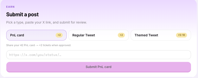 A 'Submit a post' interface for an EARN program offers options to submit a PnL card (+2), Regular Tweet (+2), or Themed Tweet (+5-10) by pasting an X link.