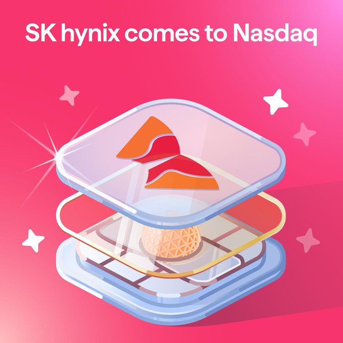 The image features a pink promotional graphic with the headline "SK hynix comes to Nasdaq" above an illustration of stylized stacked chips carrying an orange SK hynix logo. It ties to the post by serving as a countdown visual, with the floating, layered design suggesting the imminent launch of the SK hynix listing on Nasdaq.