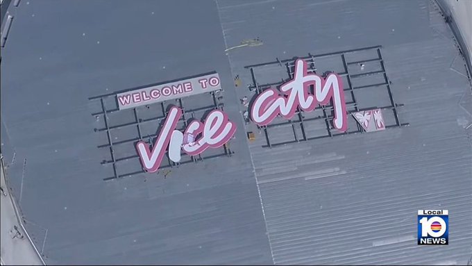 An aerial view of the iconic 'Welcome to Vice City' sign on a rooftop, with a Local 10 News logo in the corner, likely referencing the GTA 6 reveal.