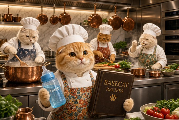 A group of cats dressed as chefs in a professional kitchen, with the central orange cat holding a baby bottle labeled "base" and a book titled "BASECAT RECIPES" featuring a paw print, while other feline chefs cook and taste dishes in the background. The image cleverly ties into the crypto thesis by presenting cats as the "chefs" behind the Base ecosystem, with the "$BASECAT" meme positioned as a key ingredient in the upcoming "Base season."