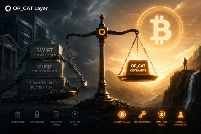 A digital graphic titled 'OP_CAT Layer' compares centralized banking systems (SWIFT, tokenized deposits, OUSD, centralization, inflation risk) on the left side of a scale against the decentralized Bitcoin network featuring OP_CAT Covenants (decentralized, permissionless, immutable rules, absolute sovereignty) on the right.