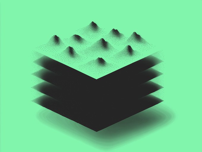 An abstract digital artwork on a light green background featuring layered geometric shapes with stippled dots creating dark mountain-like peaks.