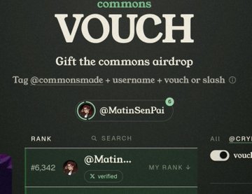 A screenshot of the Commons platform showing a "VOUCH" page for the "commons airdrop" with the username @MatinSenPai tagged and ranked #6,342.