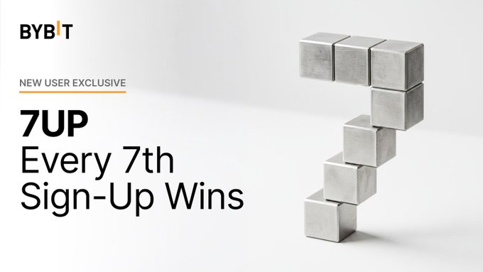 A Bybit promotional banner advertises a 'NEW USER EXCLUSIVE' offer reading '7UP Every 7th Sign-Up Wins' with an image of stacked gray cubes forming a '7'.