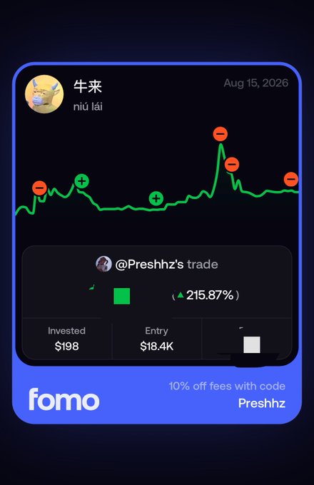 A Fomo ad showcasing a chart for ticker "NIU" (牛来) dated Aug 15, 2026, highlights user @Preshhz's trade with a +215.87% gain on an $18.4K entry from a $198 investment. The celebratory "W day" post aligns with the strong upward price movement shown on the green chart, crediting @tenertheprodigy for the bullish call on $NIU.