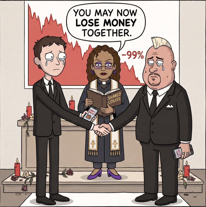 A cartoon depicting a funeral scene where two crying men in suits shake hands while a priest in robes holds a 'SHARED LOSSES' book, with a red stock chart showing -99% behind them and the caption 'YOU MAY NOW LOSE MONEY TOGETHER.'