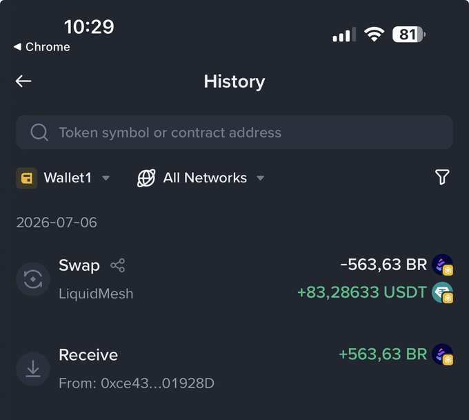 A crypto wallet history screen dated 2026-07-06 showing a Swap transaction on LiquidMesh (-563.63 BR / +83.28633 USDT) and a Receive transaction (+563.63 BR).