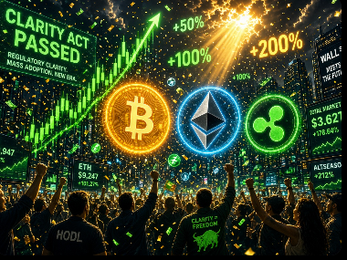 A vibrant digital illustration celebrating crypto gains, featuring Bitcoin, Ethereum, and XRP logos with green upward arrows, percentages like +50%, +100%, +200%, and a crowd cheering with HODL banners.