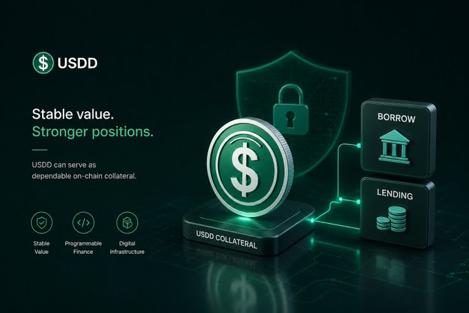 A promotional graphic for "USDD" stablecoin highlighting "Stable value. Stronger positions." with features for Stable Value, Programmable Finance, and Digital Infrastructure, alongside 3D rendered coins and borrow/lending modules.