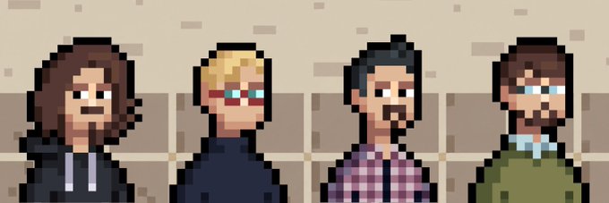 Four pixel art character portraits representing the cast of the HBO series "The Big Bang Theory" are displayed side by side against a beige background. The image relates to the post as a creative visual accompaniment for a free mint giveaway promotion, where dropping an EVM wallet in the comments serves as the call-to-action.