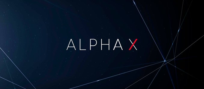 A dark, starry background with the stylized text "ALPHA X" in white and red lettering, accented by thin geometric lines forming a network pattern.