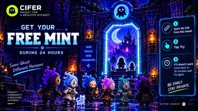A promotional banner for CIFER (CIFER GHOST) offering a 'GET YOUR FREE MINT DURING 24 HOURS' NFT drop featuring cartoon ghost characters in a gothic setting.