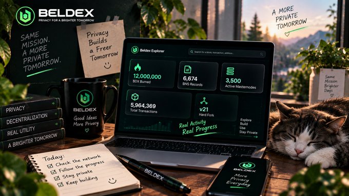 Promotional graphic for Beldex cryptocurrency displaying its explorer dashboard with stats like '12,000,000 BEX Burned' and '5,964,369 Total Transactions', alongside a cat and coffee mug with the slogan 'Privacy Builds a Freer Tomorrow'.