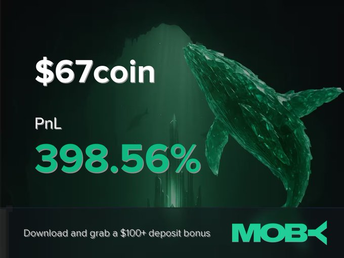 A promotional graphic for Moby Mobile features a green crystalline whale and cathedral silhouette against a dark background, displaying the headline "$67coin" with a PnL of "398.56%." The ad promotes a "$100+ deposit bonus" download offer, visually celebrating the trader winning alert mentioned in the post.