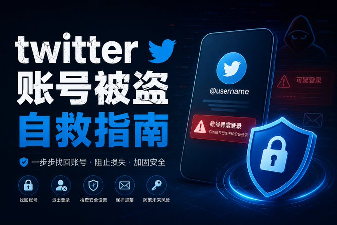 A Chinese informational graphic about Twitter account theft ('Twitter 账号被盗自救指南'), showing security icons and a phone with an account warning.