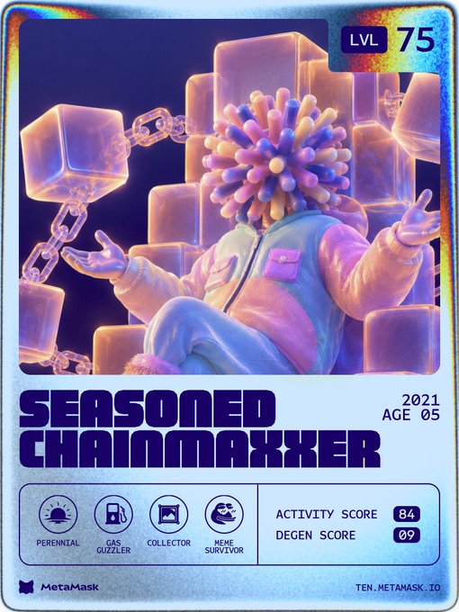 A digital collectible card from MetaMask titled 'SEASONED CHAINMAXXER' at LVL 75 (2021, Age 05), featuring a surreal figure with a flower-like head surrounded by chains and cubes, with stats for Activity Score (84) and Degen Score (09).