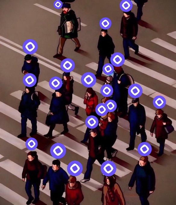 An overhead view of pedestrians crossing a zebra crosswalk, with each person marked by a purple circular icon containing a white diamond shape.
