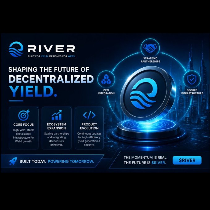 A promotional graphic for 'SRIVER' titled 'SHAPING THE FUTURE OF DECENTRALIZED YIELD,' highlighting Core Focus, Ecosystem Expansion, and Product Evolution with a futuristic blue token design.