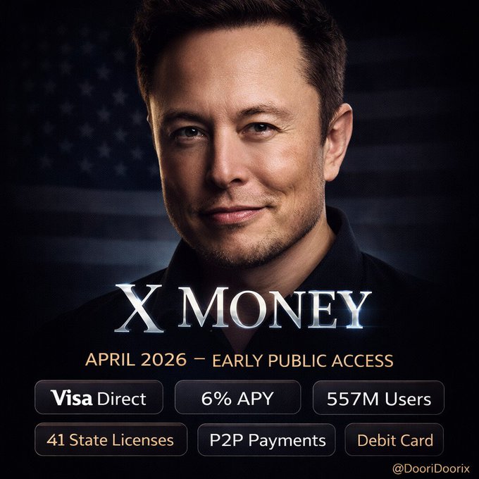 A promotional image for 'X Money' featuring Elon Musk in front of an American flag, advertising 'APRIL 2026 — EARLY PUBLIC ACCESS' with features like 'Visa Direct,' '6% APY,' and '557M Users,' credited to @DooriDoorix.