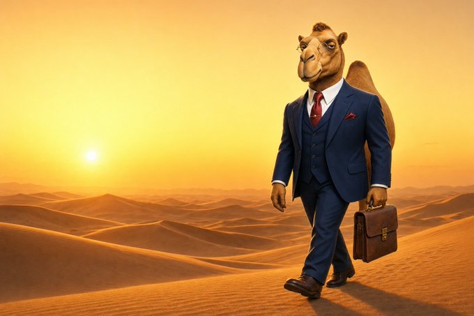 A well-dressed camel in a navy three-piece suit and tie walks across a desert at sunset, carrying a brown leather briefcase, paired with a post from @HUMPH_SOL humorously promoting its mascot as the next big crypto reserve through the absurd simplicity of "a ridiculously well-dressed camel."