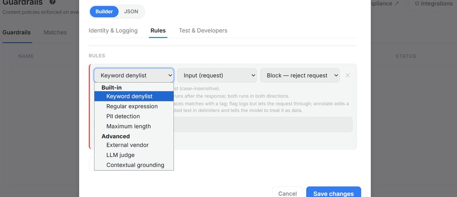 A dropdown menu in a "Guardrails" settings interface displays rule options including "Keyword denylist," "Regular expression," "PII detection," "Maximum length," "External vendor," "LLM judge," and "Contextual grounding," alongside an "Input (request)" selector and a "Block — reject request" action. The screenshot illustrates security controls used to prevent sensitive data like SSH keys, VPN configs, and cloud credentials from leaking via LLM prompt logs.
