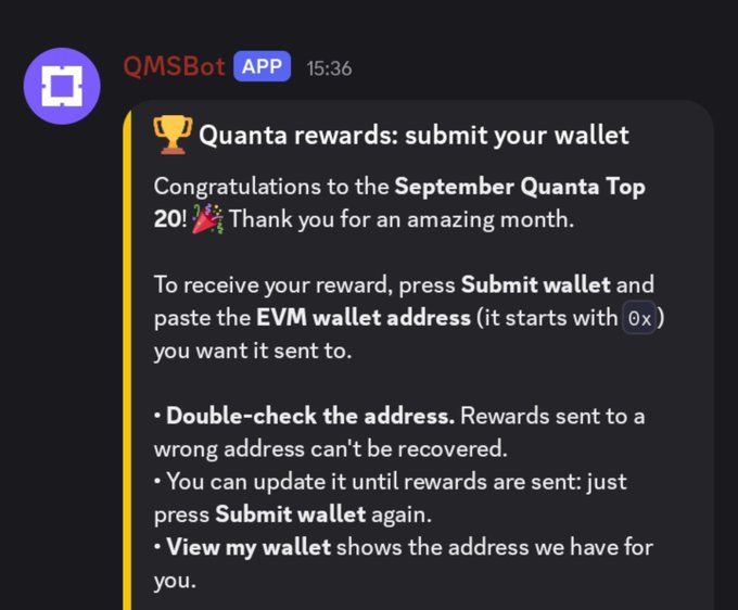 A Discord message from QMSBot announces Quanta rewards for the September Quanta Top 20, instructing users to submit their EVM wallet address (starting with 0x).