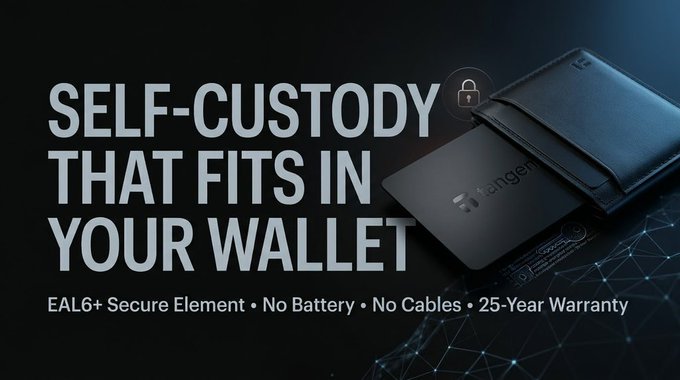 A promotional banner for a Tangem self-custody crypto hardware wallet with the tagline 'SELF-CUSTODY THAT FITS IN YOUR WALLET', featuring a black card device, highlighting EAL6+ Secure Element, No Battery, No Cables, and 25-Year Warranty.