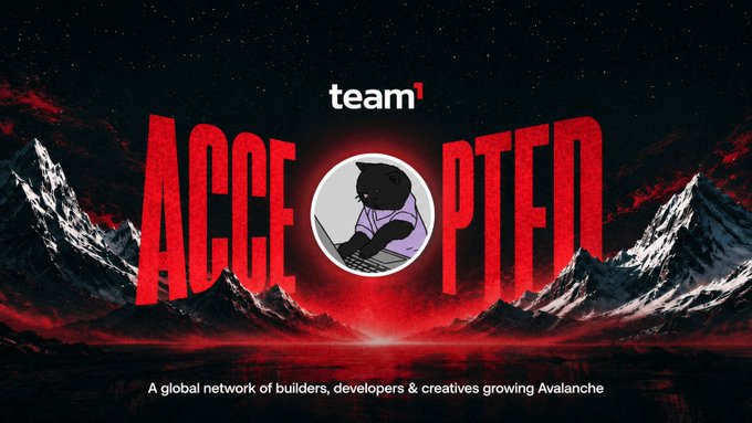 A dramatic red and black banner for 'team1' featuring the word 'ACCEPTED' with a character avatar inside the 'E', and the subtitle 'A global network of builders, developers & creatives growing Avalanche'.