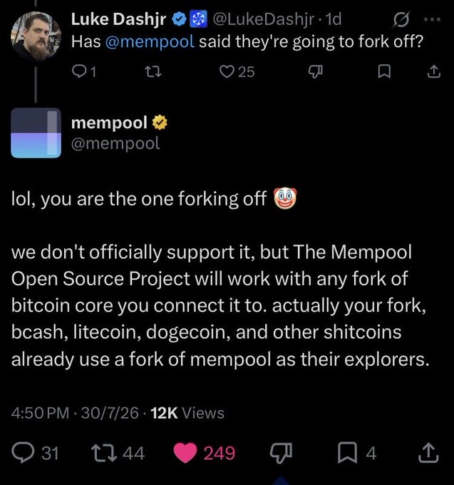 A Twitter exchange between Luke Dashjr and @mempool discussing Bitcoin forks, with mempool clarifying they don't officially support forks but work with various bitcoin core forks including bcash and litecoin.