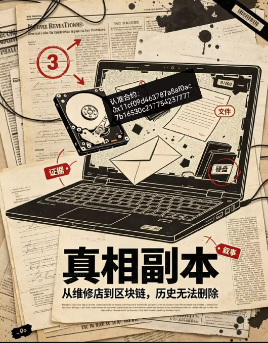 A poster with a detective/investigation theme shows a laptop and hard drive surrounded by red markers labeled "证据" (evidence), "文件" (files), "硬盘" (hard drive), and "叙事" (narrative), with the title "真相副本" and subtitle "从维修店到区块链，历史无法删除".
