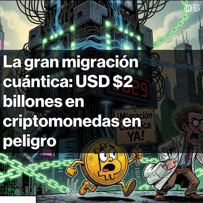 A cartoon of a Bitcoin character running with a sign reading '¡Migración Cuántica YA!' alongside an angry scientist holding papers, with Spanish text stating 'La gran migración cuántica: USD $2 billones en criptomonedas en peligro'.