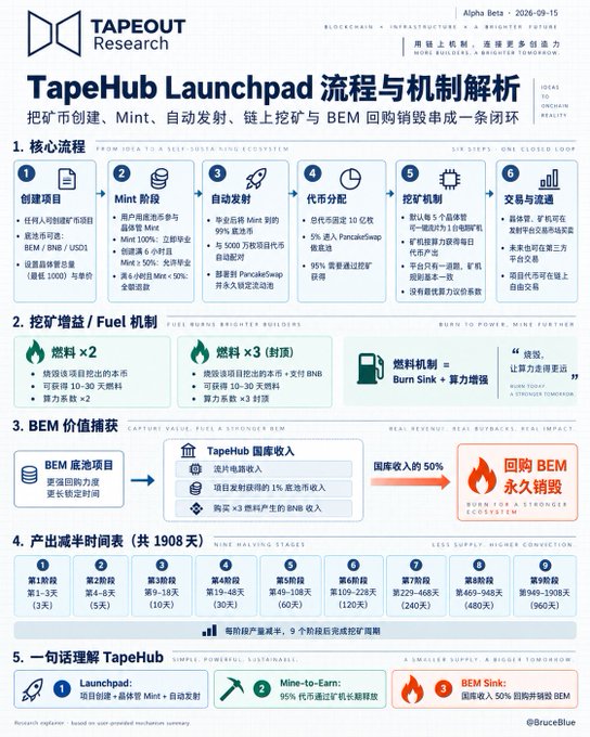 The image is an infographic titled "TapeHub Launchpad 流程与机制解析" (TapeHub Launchpad Process and Mechanism Analysis), detailing a six-step "Closed Loop" system: ① Create Project, ② Mint Stage, ③ Auto Distribution, ④ Token Allocation, ⑤ Mining Control, and ⑥ Exchange Listing, alongside mechanics for fuel burning (燃料), BEM value capture with permanent buyback, a nine-stage halving schedule over 1,908 days, and the core pillars of Launchpad, Mine-to-Earn, and BEM Sink. It visually maps out the ecosystem flow referenced in the post about TapeOut's "TapeHub.ai" Alpha/Beta launch, illustrating how project creation, transistor minting, mining rigs, and token issuance form a unified closed loop.