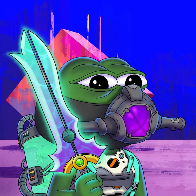 The image features a cartoon character with a green body wearing a gas mask, holding a sword or gun. The character appears to be a frog-like creature from a comic strip or cartoon. The background of the image has a blue color scheme, which contrasts with the green body and purple gas mask. There is also an element that resembles a building in the background, adding depth to the scene.

The post includes text that reads "Good morning! Another day, another new trait in the bag, the Cosmoblade! This dude definitely seems like a Pepe fighting at the Dune world @PepeExplorers @TrystanNFT". The post is related to the image as it features an illustration of the cartoon character and possibly some information about the character or its story.