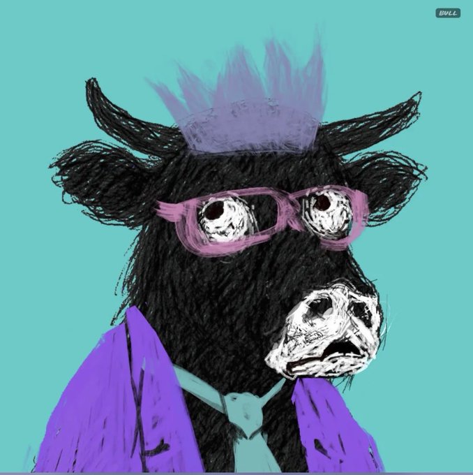 A digital drawing of a black cow or bull character wearing pink glasses, a purple jacket, and a light blue tie against a teal background, signed 'BULL'.