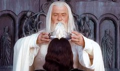 A white-haired, bearded figure in regal robes gently places a crown upon the head of a kneeling person, set against an ornate architectural backdrop with statues. The imagery evokes a coronation and the dawn of a new era, visually echoing the post's metaphor of XRP as a transformative "reset" ushering in a new age for Ripple.