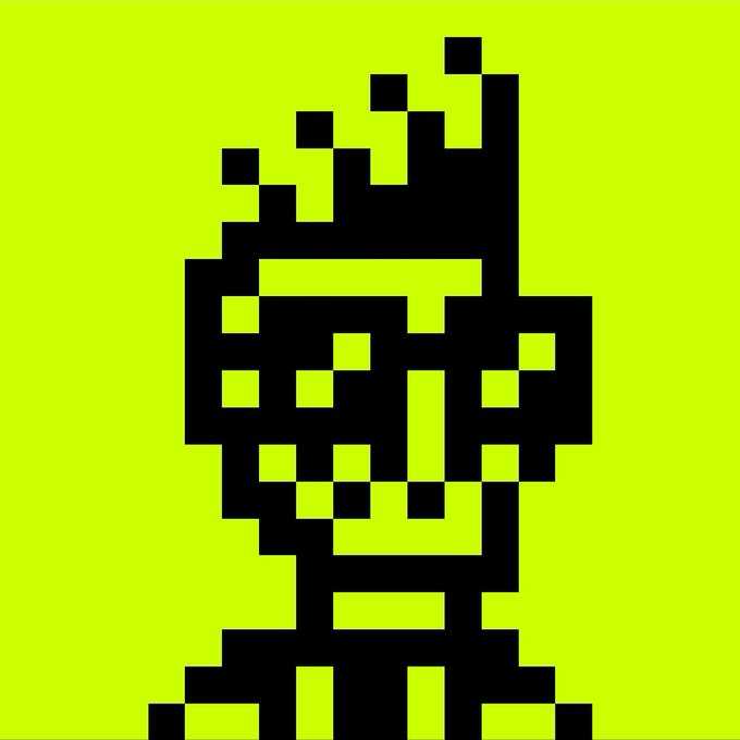 A pixel art style black silhouette of a character with spiky hair and sunglasses on a bright yellow-green background.