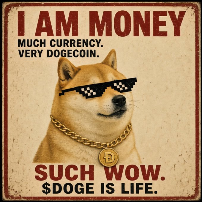 A vintage-style poster featuring a Shiba Inu dog wearing pixelated 'deal with it' sunglasses and a thick gold chain with a Dogecoin pendant, accompanied by the text 'I AM MONEY', 'MUCH CURRENCY. VERY DOGECOIN.', 'SUCH WOW.', and '$DOGE IS LIFE.'