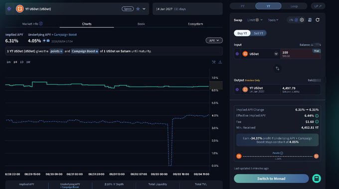 A screenshot of a cryptocurrency exchange interface showing YT USDot (sUSDot) market info, with an Implied APY of 6.31% and Underlying APY of 4.05%, alongside a swap interface for YT and sUSDot on the Spectra protocol.