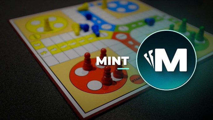 A close-up shot of a Ludo board game with colored playing pieces, overlaid with a 'MINT' logo and a circular teal icon featuring the letter 'M'.