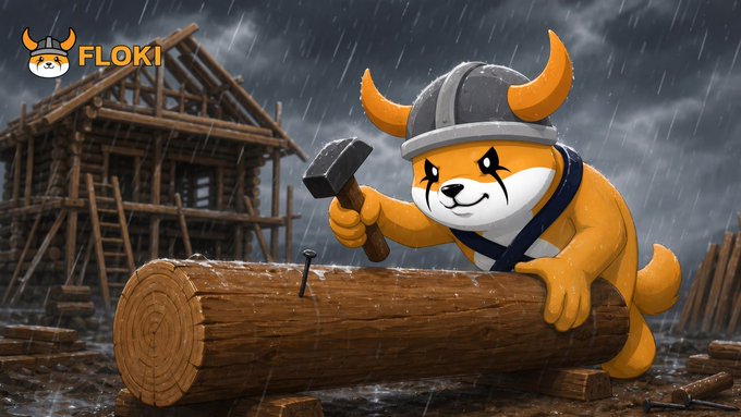 The image features a cartoon dog wearing a helmet, holding a hammer over a log or tree trunk. The caption below the image reads "THE TOP DOG $FLOKI WILL NEVER REST", which suggests that the top dog will always be involved in construction work and never rest. This playful and humorous message adds a lighthearted touch to the scene while still conveying the main theme of the cartoon character being a construction worker or a Viking warrior.