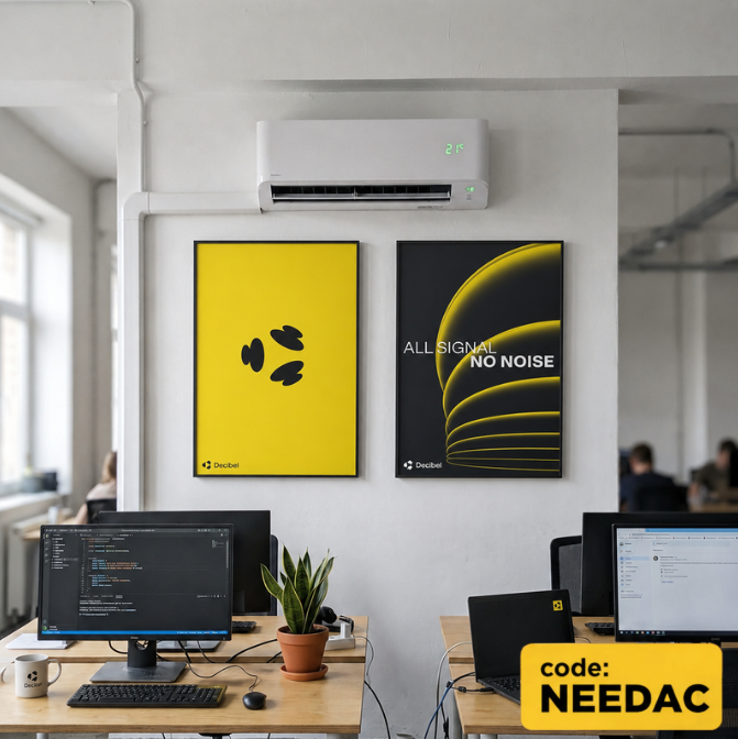 Two framed posters reading "Decibel" hang below a wall-mounted AC unit displaying "21" in an office workspace with monitors and laptops, while a yellow "code: NEEDAC" overlay promotes a deposit and trading campaign where users can win one of five AC units or a $1,500 cash equivalent at app.decibel.trade/r/NEEDAC.