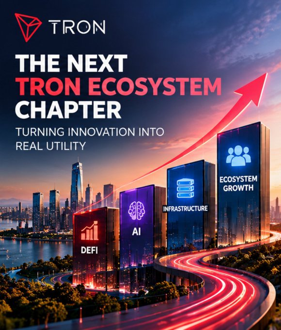 A promotional graphic for TRON cryptocurrency featuring the text 'THE NEXT TRON ECOSYSTEM CHAPTER' and 'TURNING INNOVATION INTO REAL UTILITY,' displaying pillars labeled 'DEFI,' 'AI,' 'INFRASTRUCTURE,' and 'ECOSYSTEM GROWTH' against a futuristic city skyline.