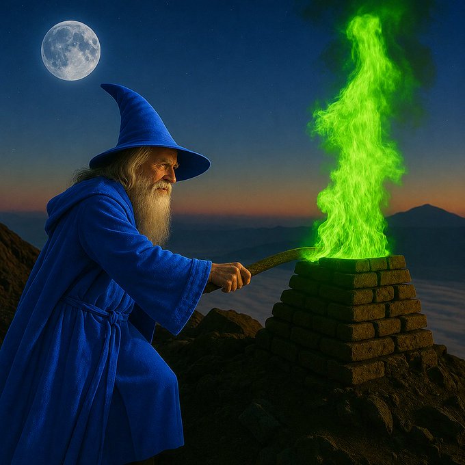A long-bearded wizard in a blue robe and pointed hat stokes a brick furnace on a moonlit mountaintop, conjuring a towering green flame that soars into the night sky—fitting imagery for the $WIZARD token's mystical, magical theme.